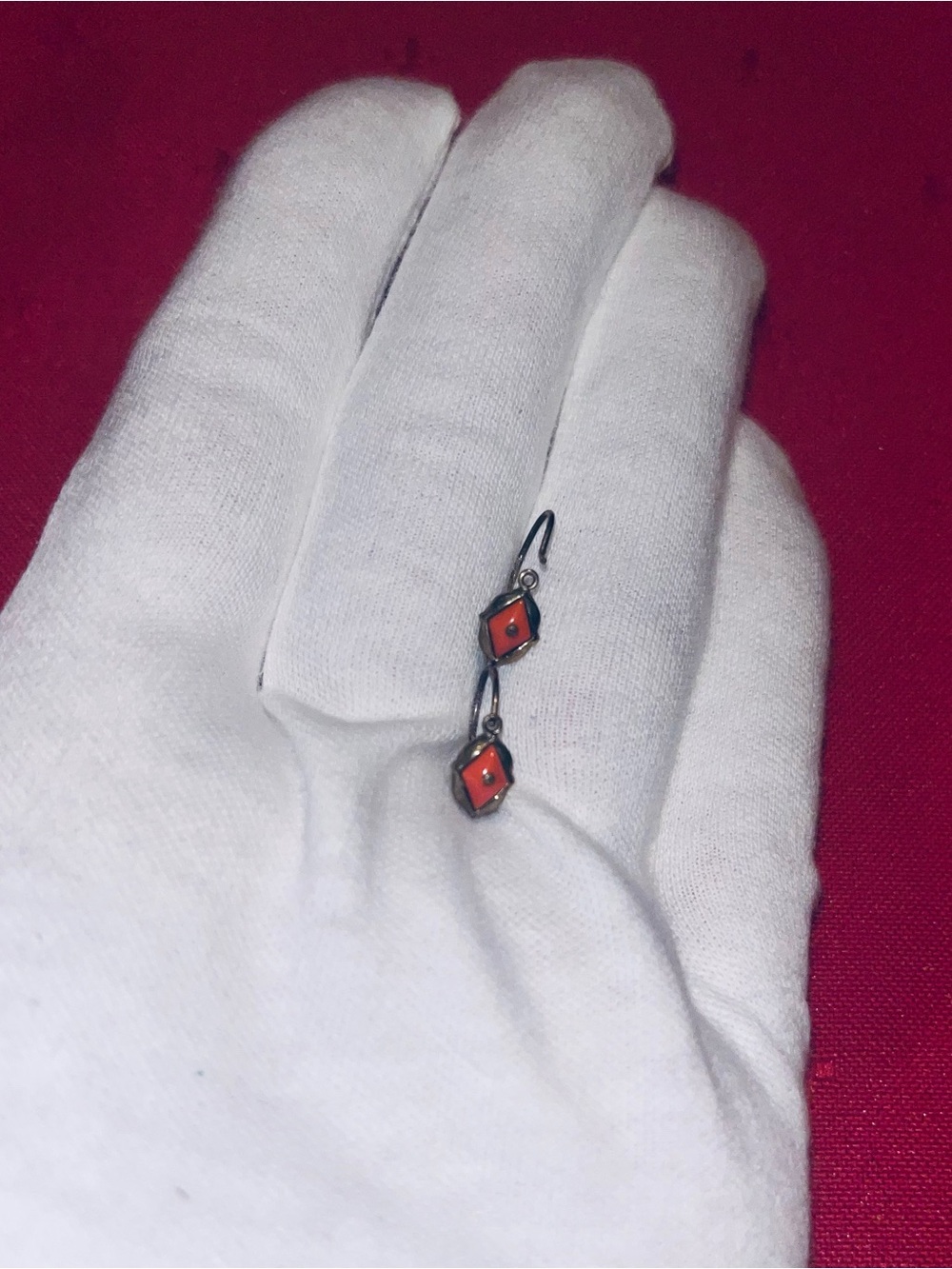 Vintage Silver Red Enamel Drop Earrings